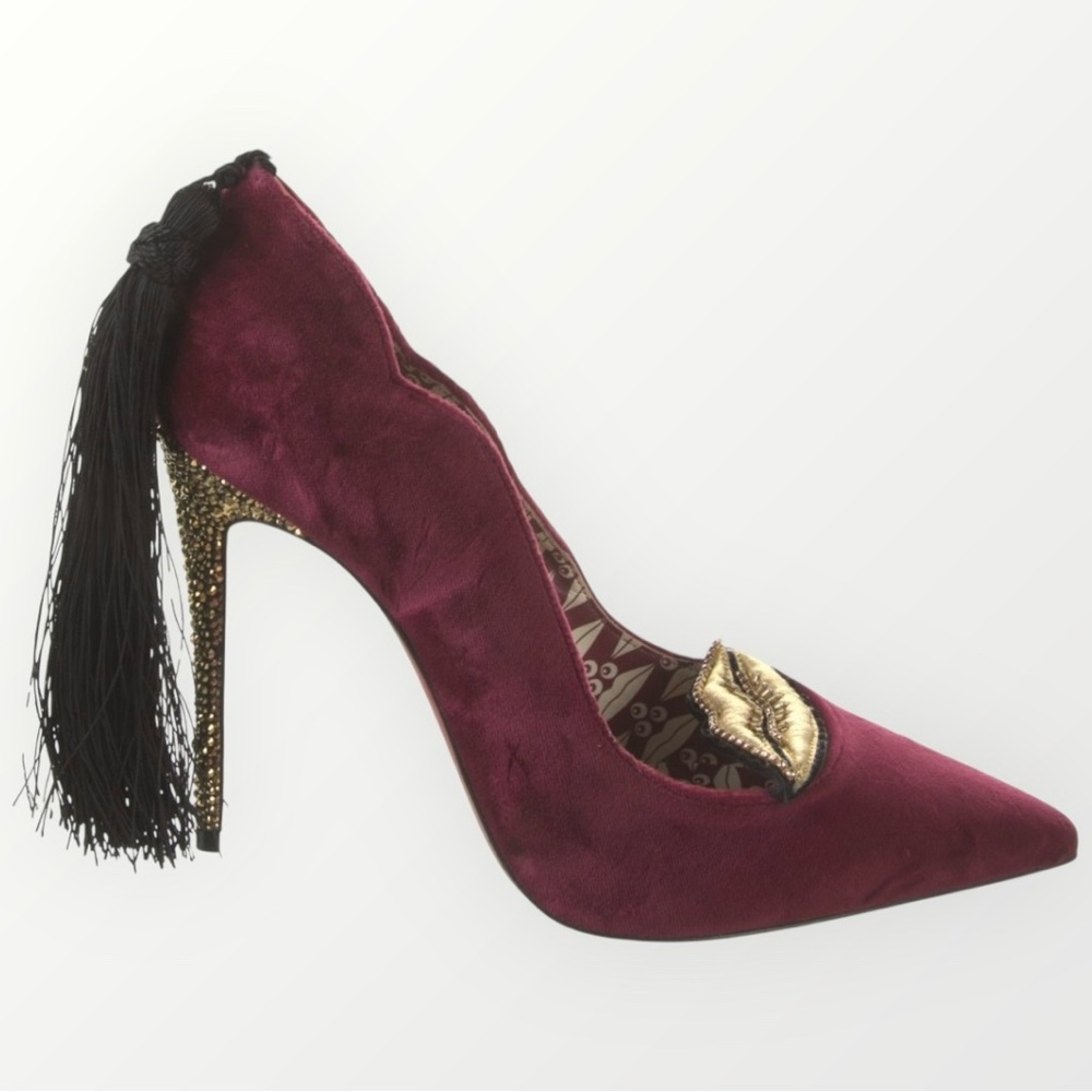 Christian Louboutin Hot Chick Kiss Velvet Burgundy Crystal Heel Pump Tassel Rare - Picture 8 of 13